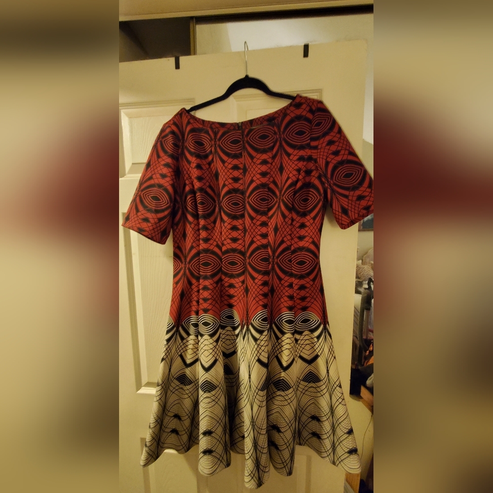 Elegant Red and Black Fit & Flare Patterned Dress